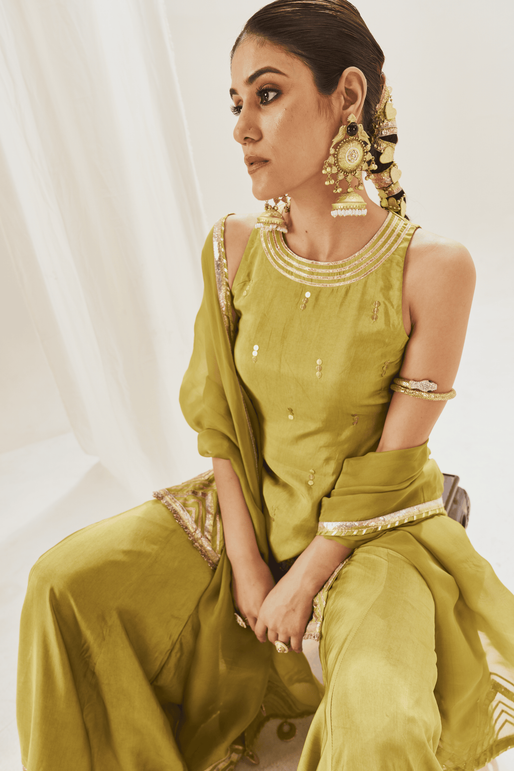 Mahzarin - Olive Green Sharara Set with Gota Patti Detailing