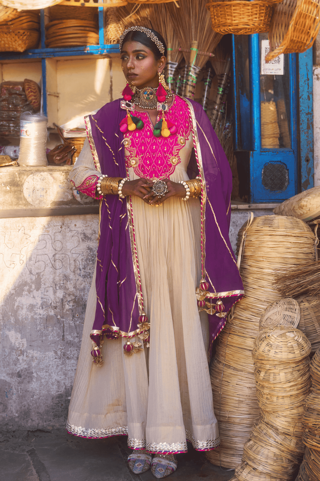 Mallika - Light Gold Anarkali Set with Pink Hand Embroidered Ikat Patch