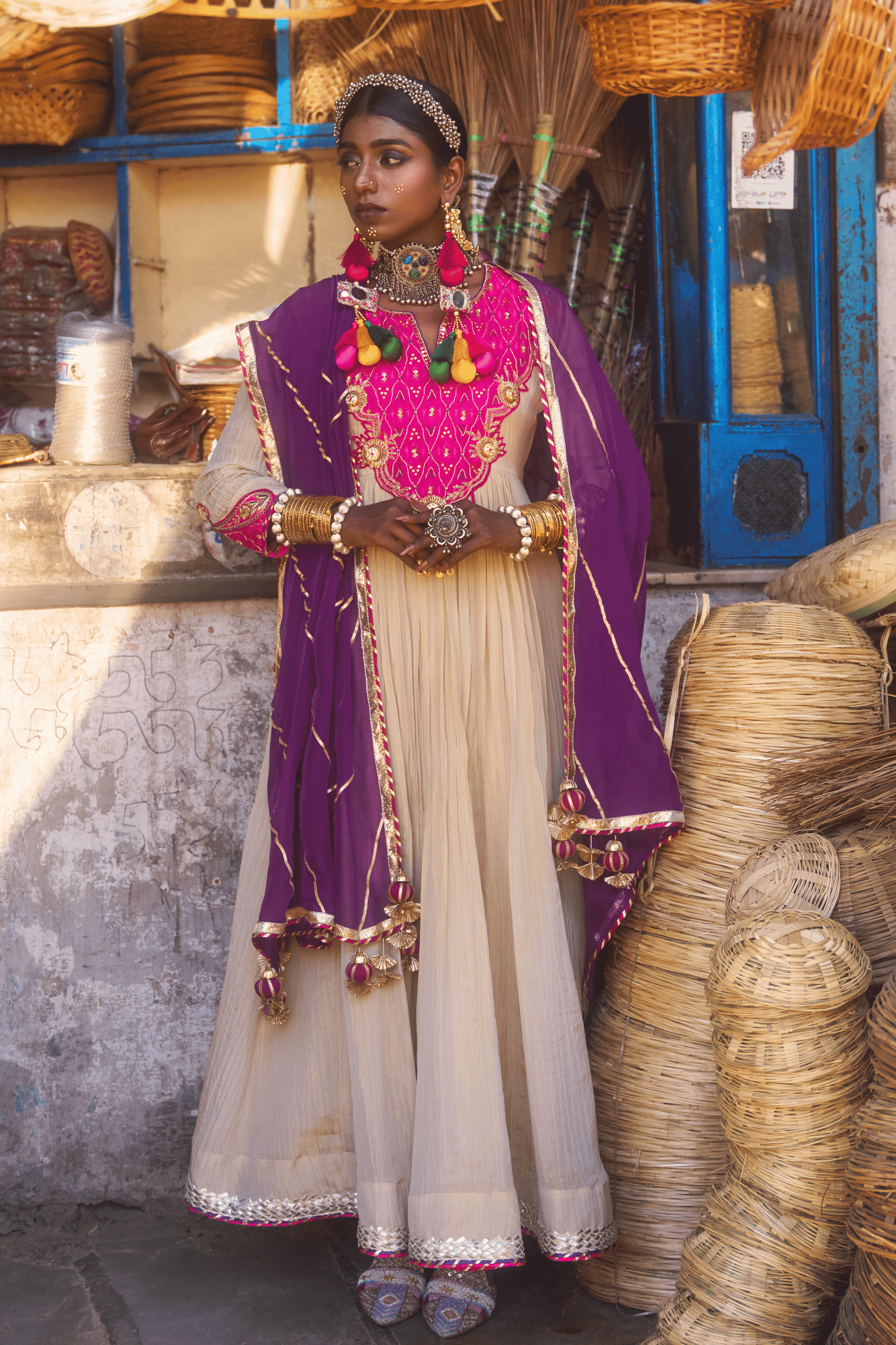 Mallika - Light Gold Anarkali Set with Pink Hand Embroidered Ikat Patch