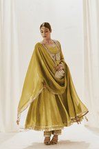 Ruksar - Olive Green Anarkali Set with Jacket and Gota Patti Detailing
