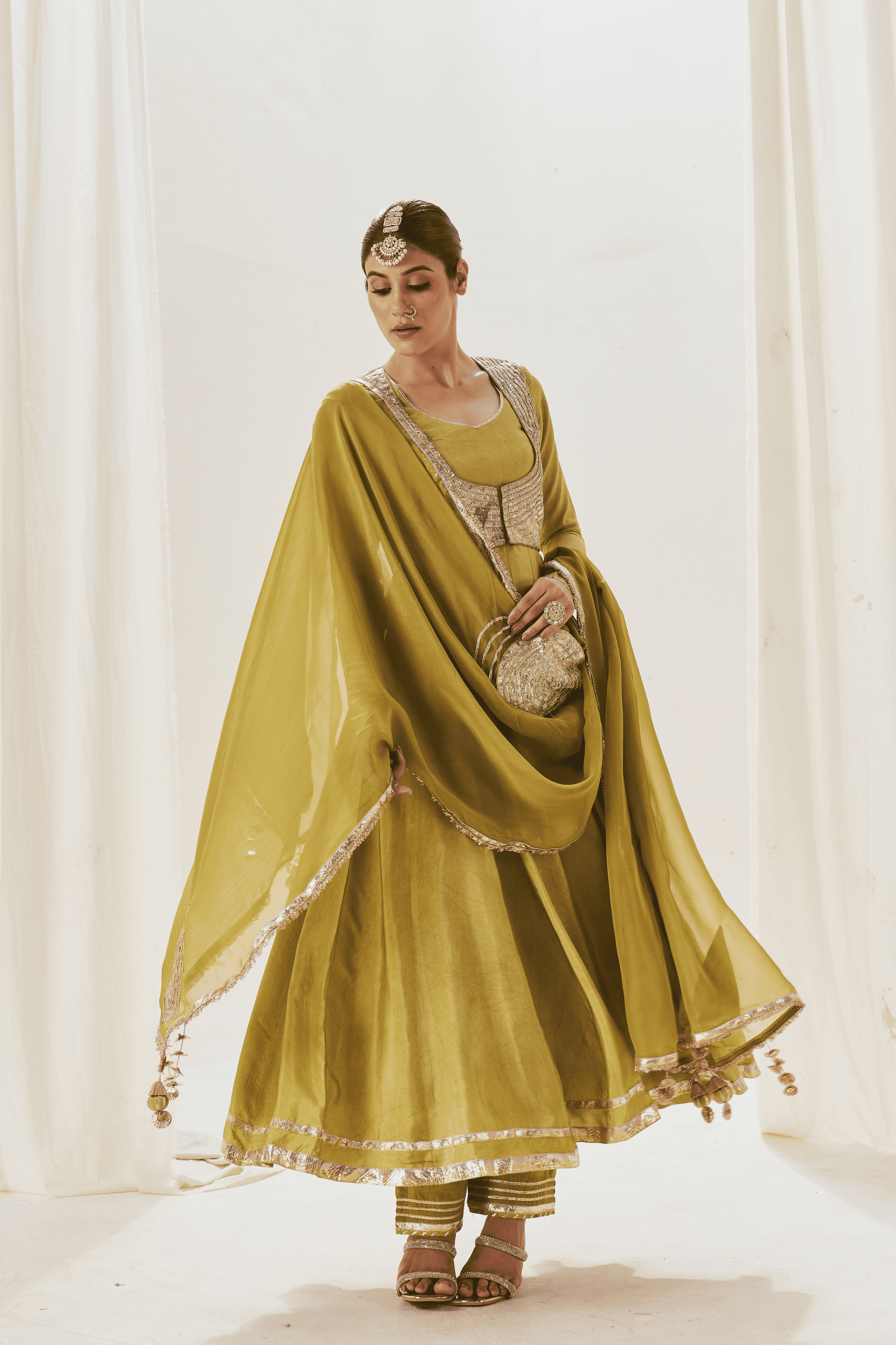 Ruksar - Olive Green Anarkali Set with Jacket and Gota Patti Detailing