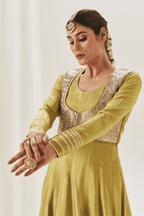 Ruksar - Olive Green Anarkali Set with Jacket and Gota Patti Detailing