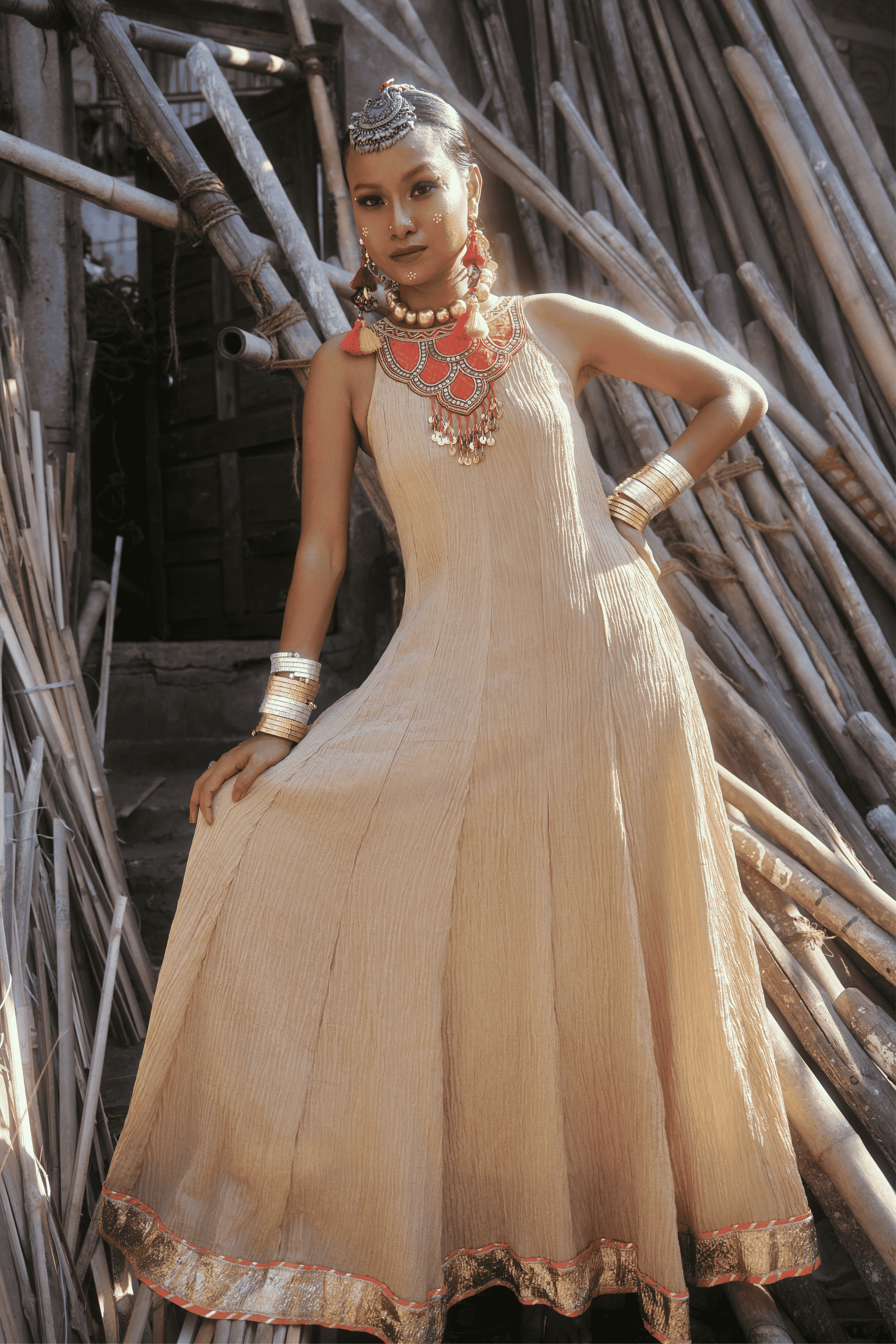 Raya - Rose Gold Anarkali Set with Orange Hand Embroidered Ikat Patch
