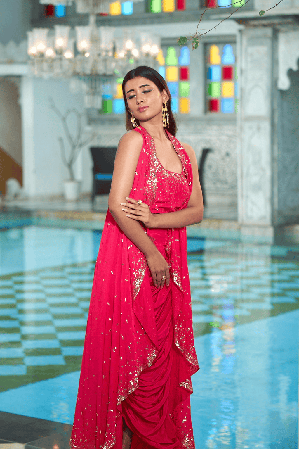 Arshia - Hot Pink Hand Embroidered Drape Skirt Set with Cape