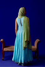 Quiet Spring - Aqua Blue Anarkali Set with Mint Green Hand Embroidered Patch