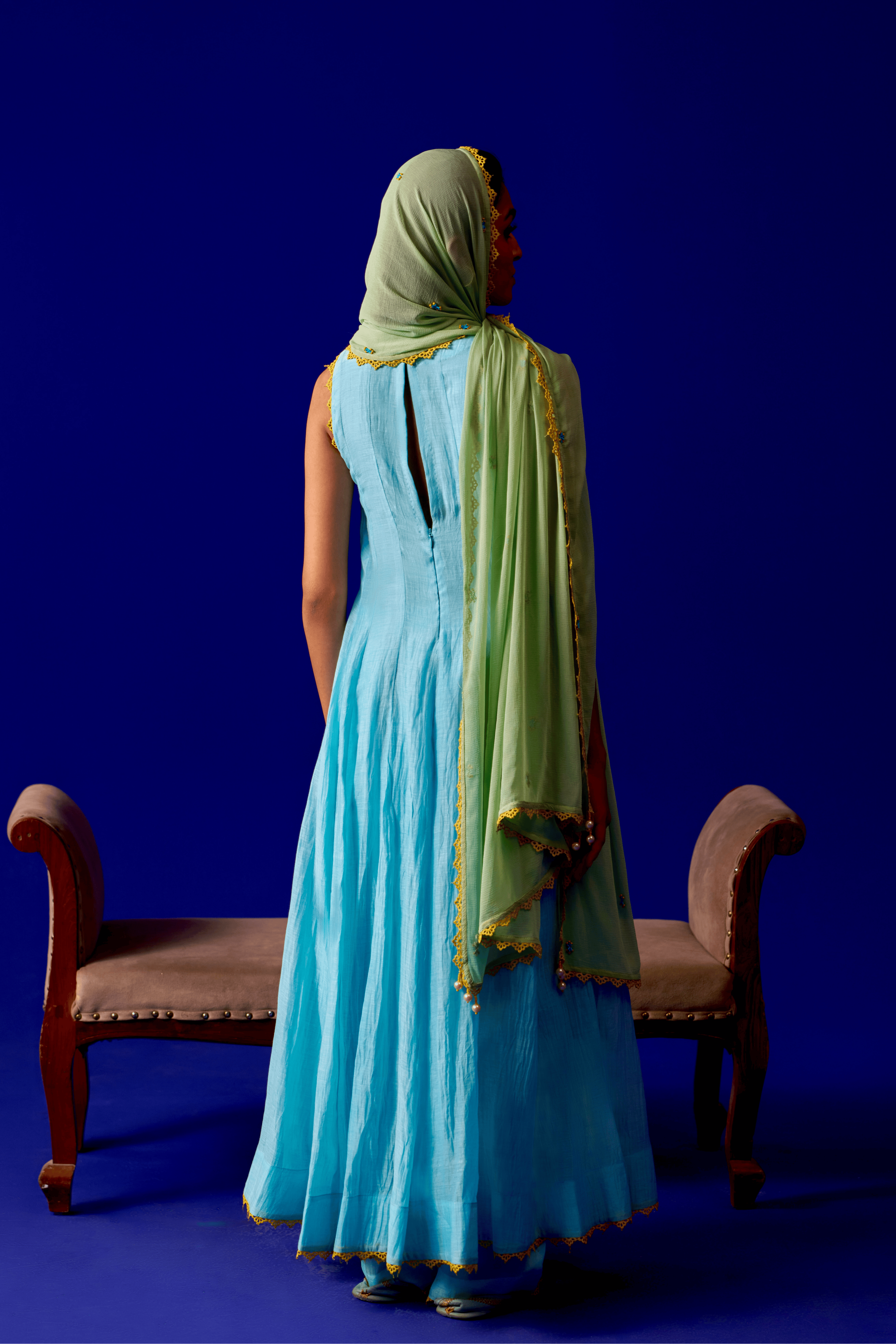 Quiet Spring - Aqua Blue Anarkali Set with Mint Green Hand Embroidered Patch