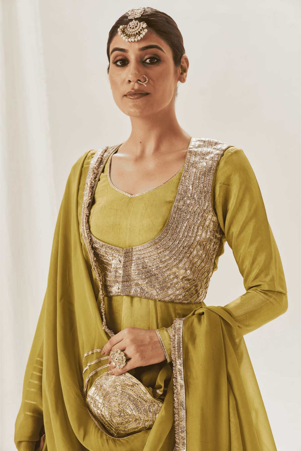 Ruksar - Olive Green Anarkali Set with Jacket and Gota Patti Detailing