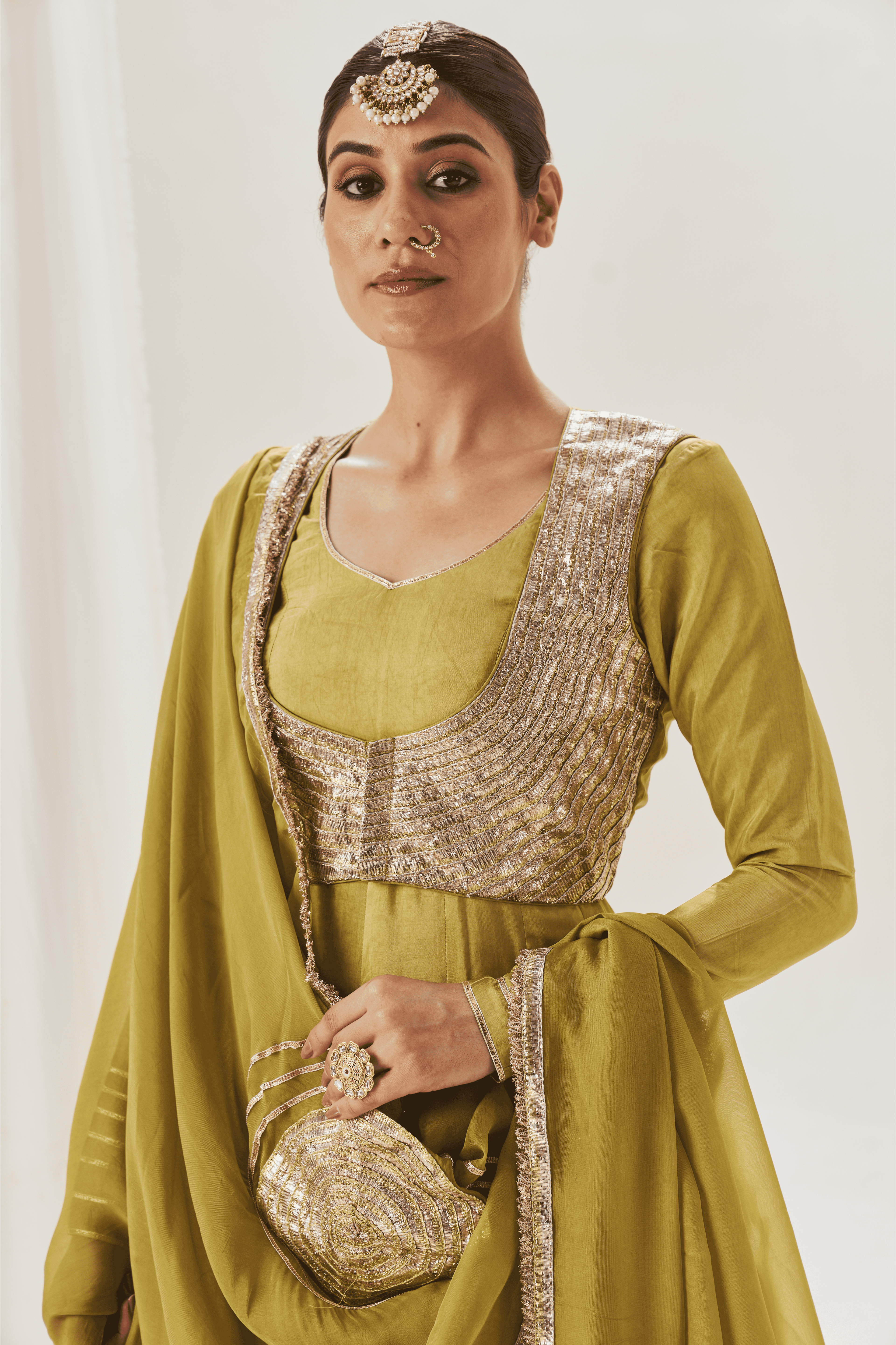 Ruksar - Olive Green Anarkali Set with Jacket and Gota Patti Detailing
