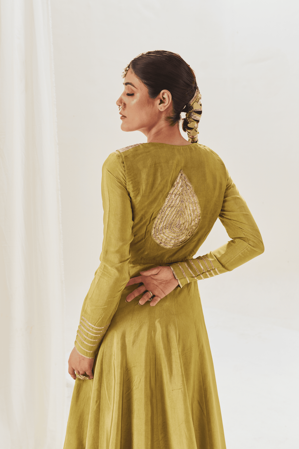 Ruksar - Olive Green Anarkali Set with Jacket and Gota Patti Detailing