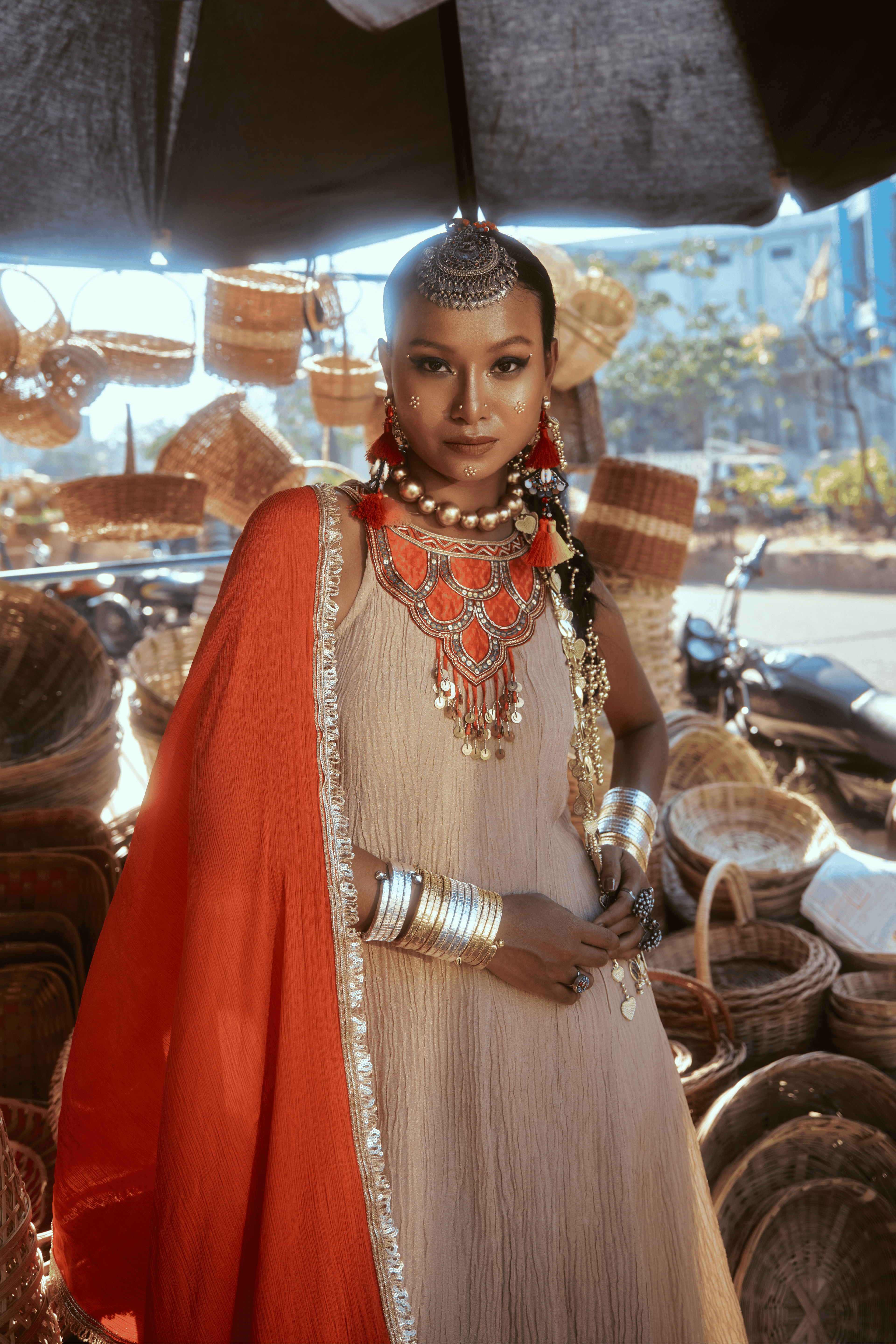 Raya - Rose Gold Anarkali Set with Orange Hand Embroidered Ikat Patch