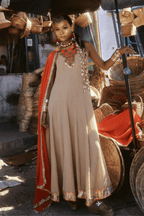 Raya - Rose Gold Anarkali Set with Orange Hand Embroidered Ikat Patch