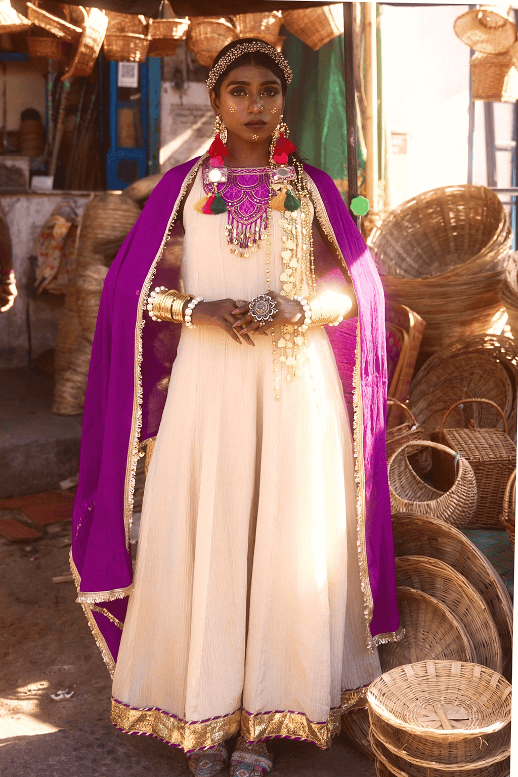 Raya - Light Gold Anarkali Set with Purple Hand Embroidered Ikat Patch