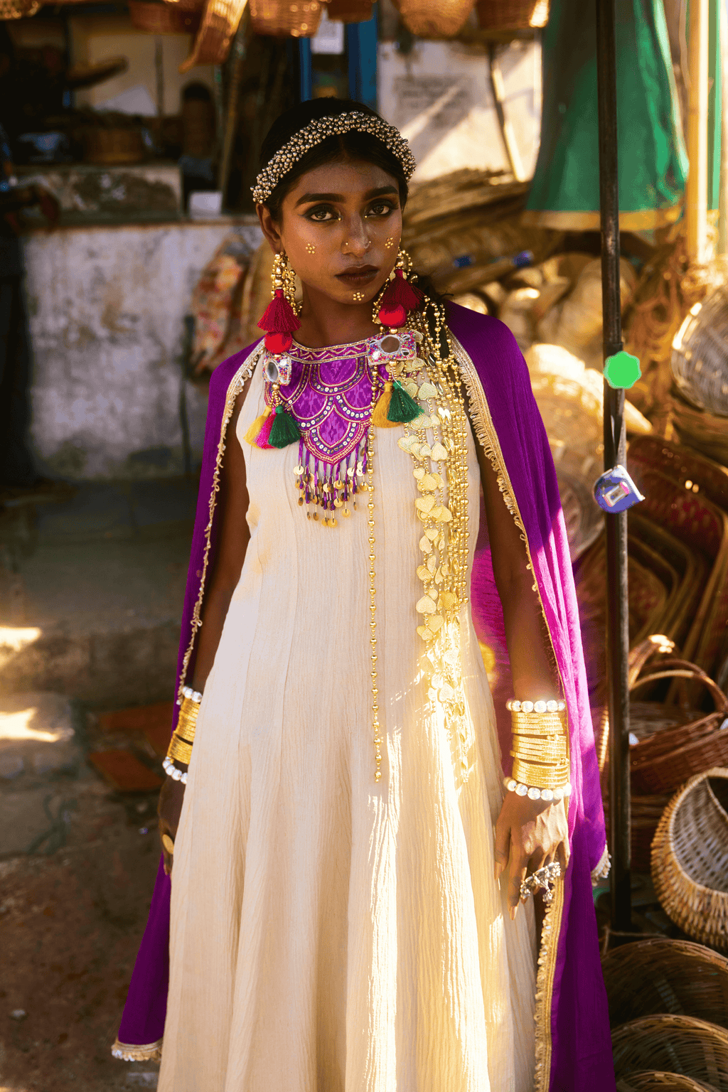 Raya - Light Gold Anarkali Set with Purple Hand Embroidered Ikat Patch