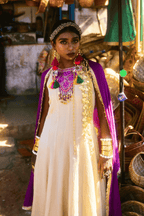 Raya - Light Gold Anarkali Set with Purple Hand Embroidered Ikat Patch