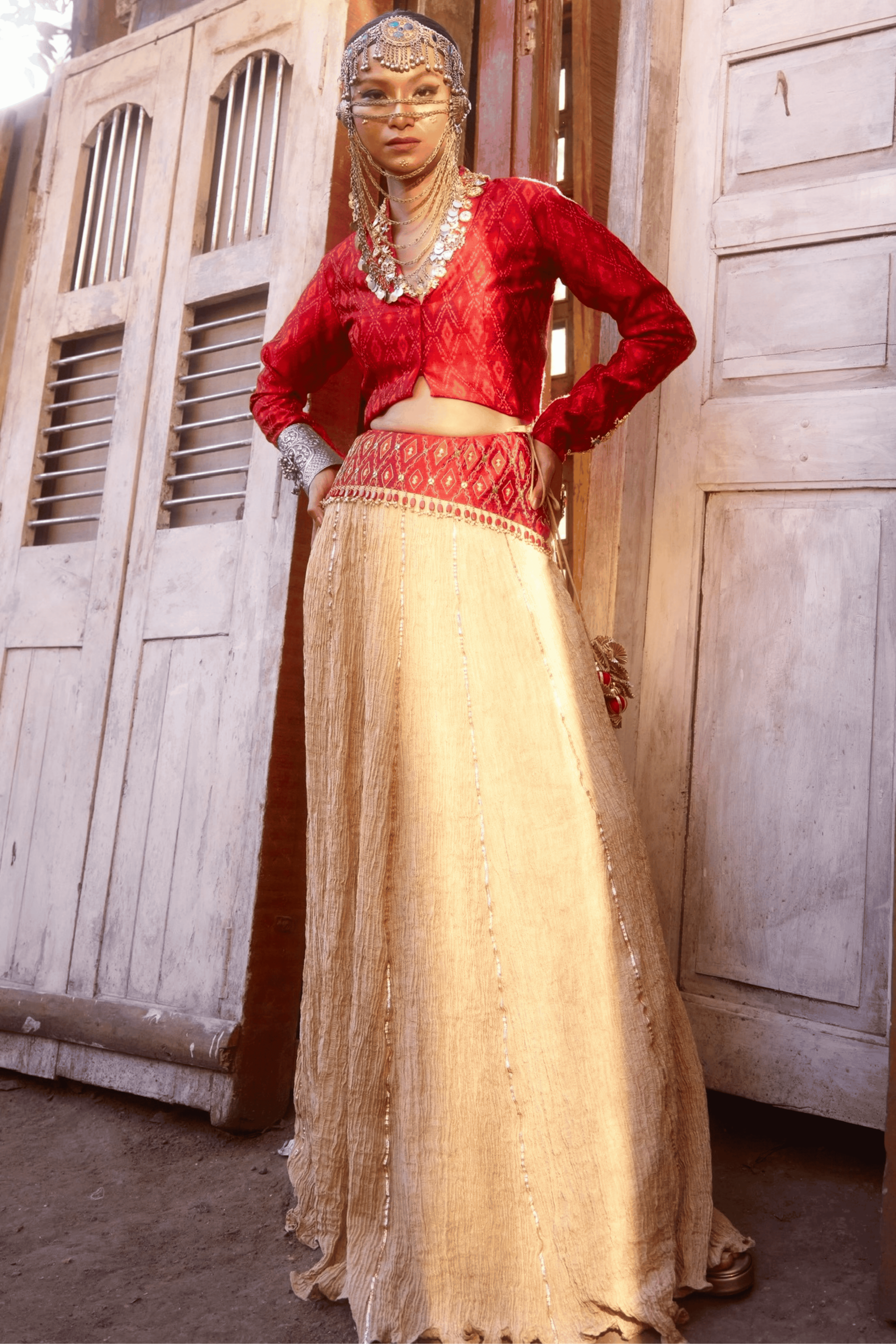 Mahrukh - Lehenga Set with Red Hand Embroidered Ikat Jacket