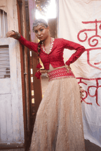 Mahrukh - Lehenga Set with Red Hand Embroidered Ikat Jacket