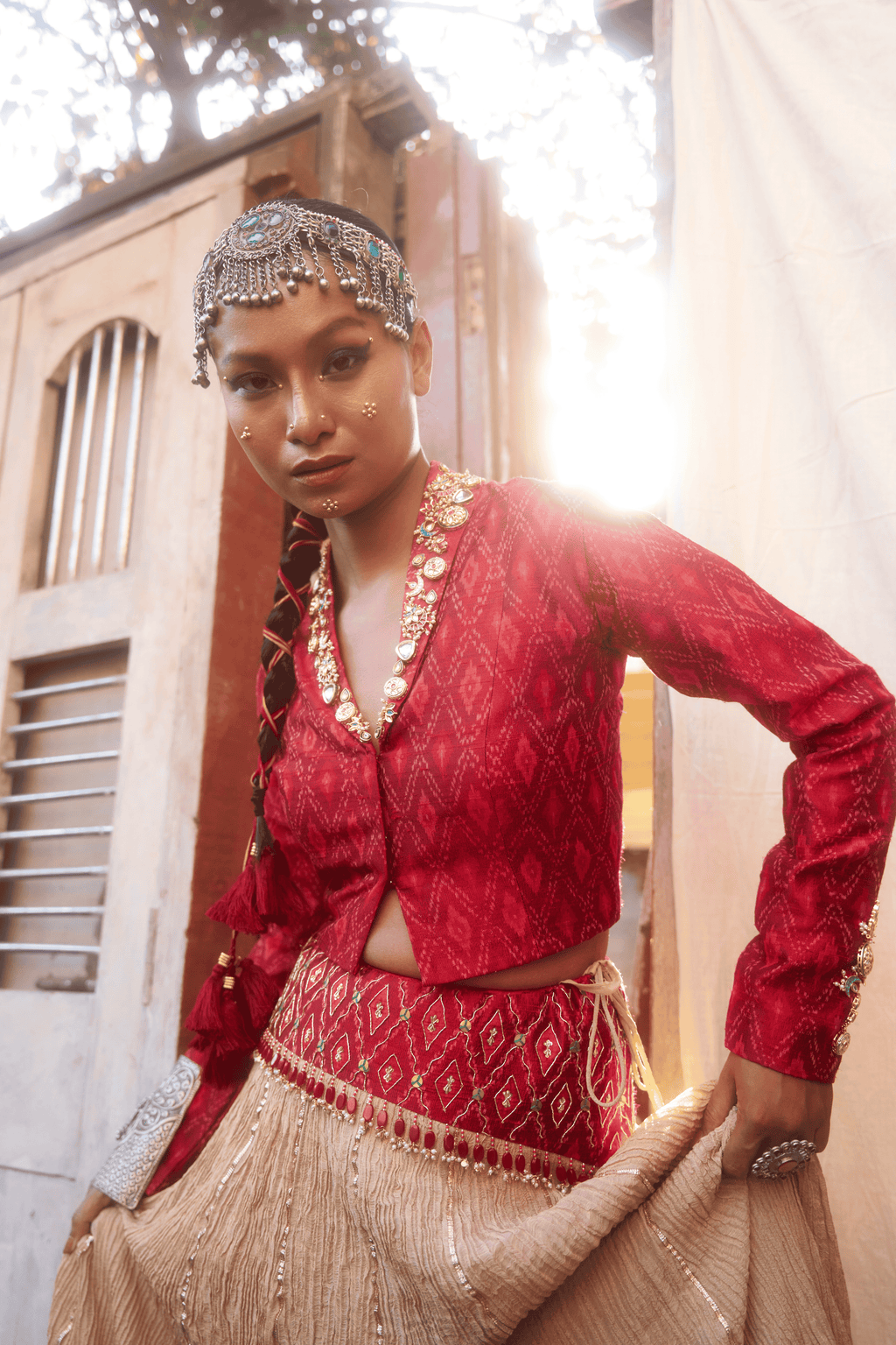 Mahrukh - Lehenga Set with Red Hand Embroidered Ikat Jacket