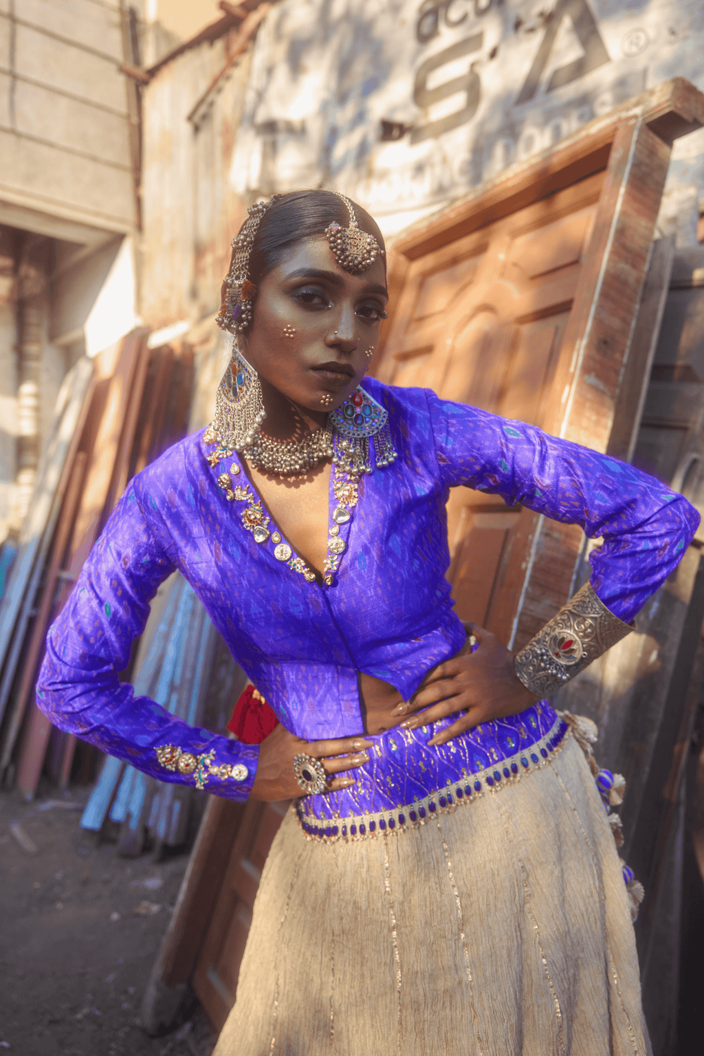 Mahrukh - Light Gold Lehenga Set with Blue Hand Embroidered Ikat Jacket