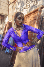 Mahrukh - Light Gold Lehenga Set with Blue Hand Embroidered Ikat Jacket