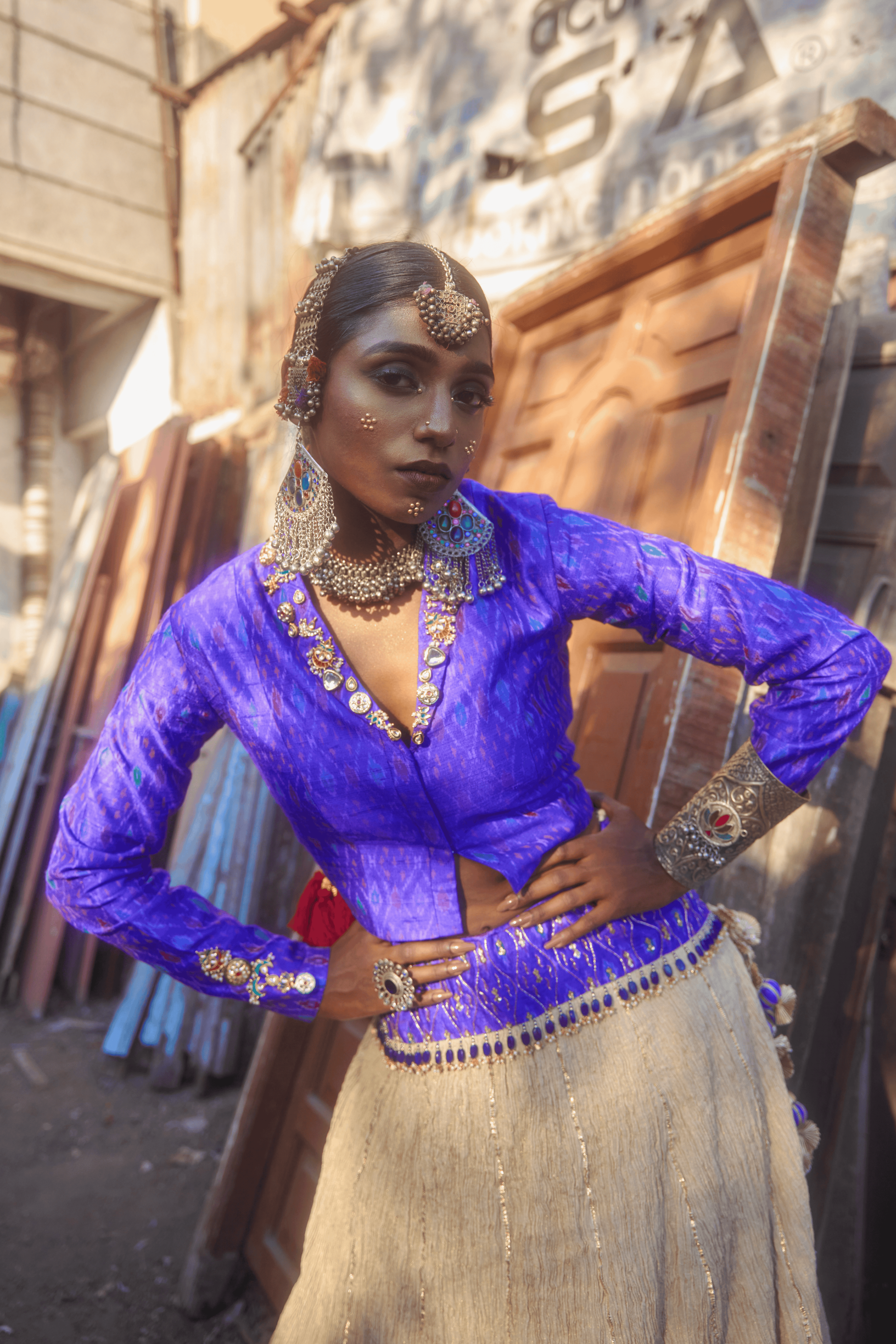 Mahrukh - Light Gold Lehenga Set with Blue Hand Embroidered Ikat Jacket