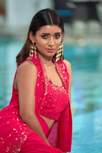 Arshia - Hot Pink Hand Embroidered Drape Skirt Set with Cape