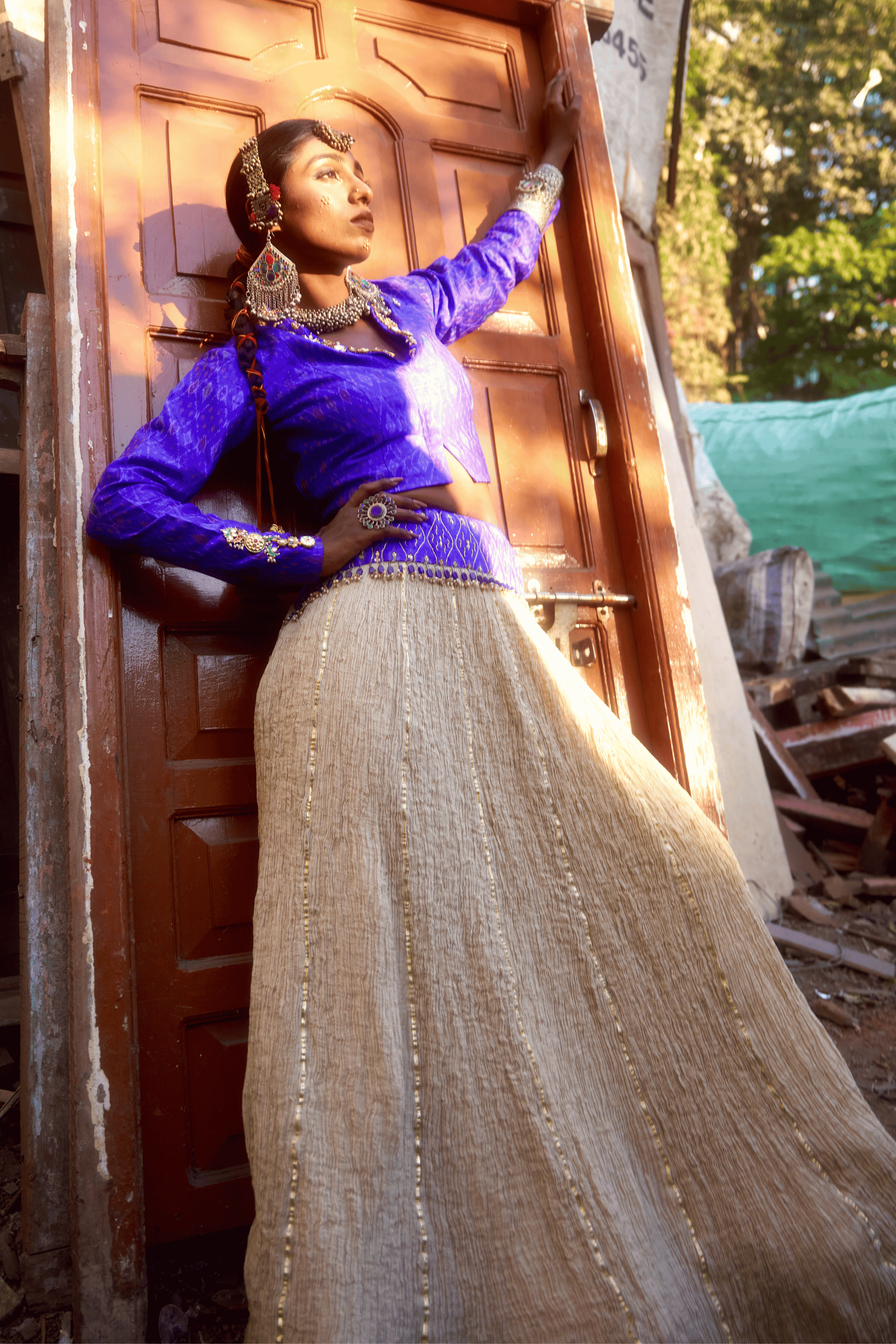 Mahrukh - Light Gold Lehenga Set with Blue Hand Embroidered Ikat Jacket