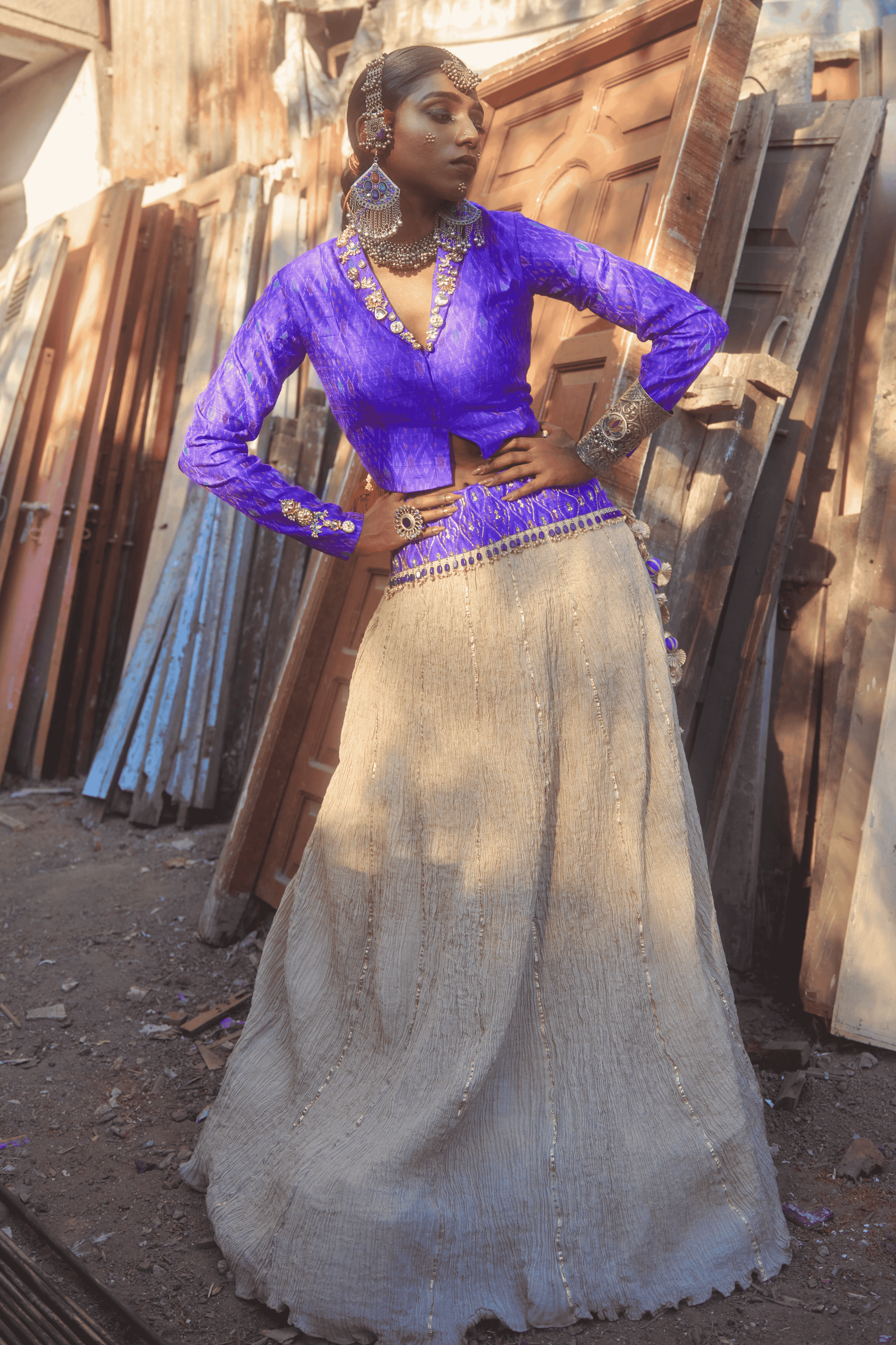 Mahrukh - Light Gold Lehenga Set with Blue Hand Embroidered Ikat Jacket