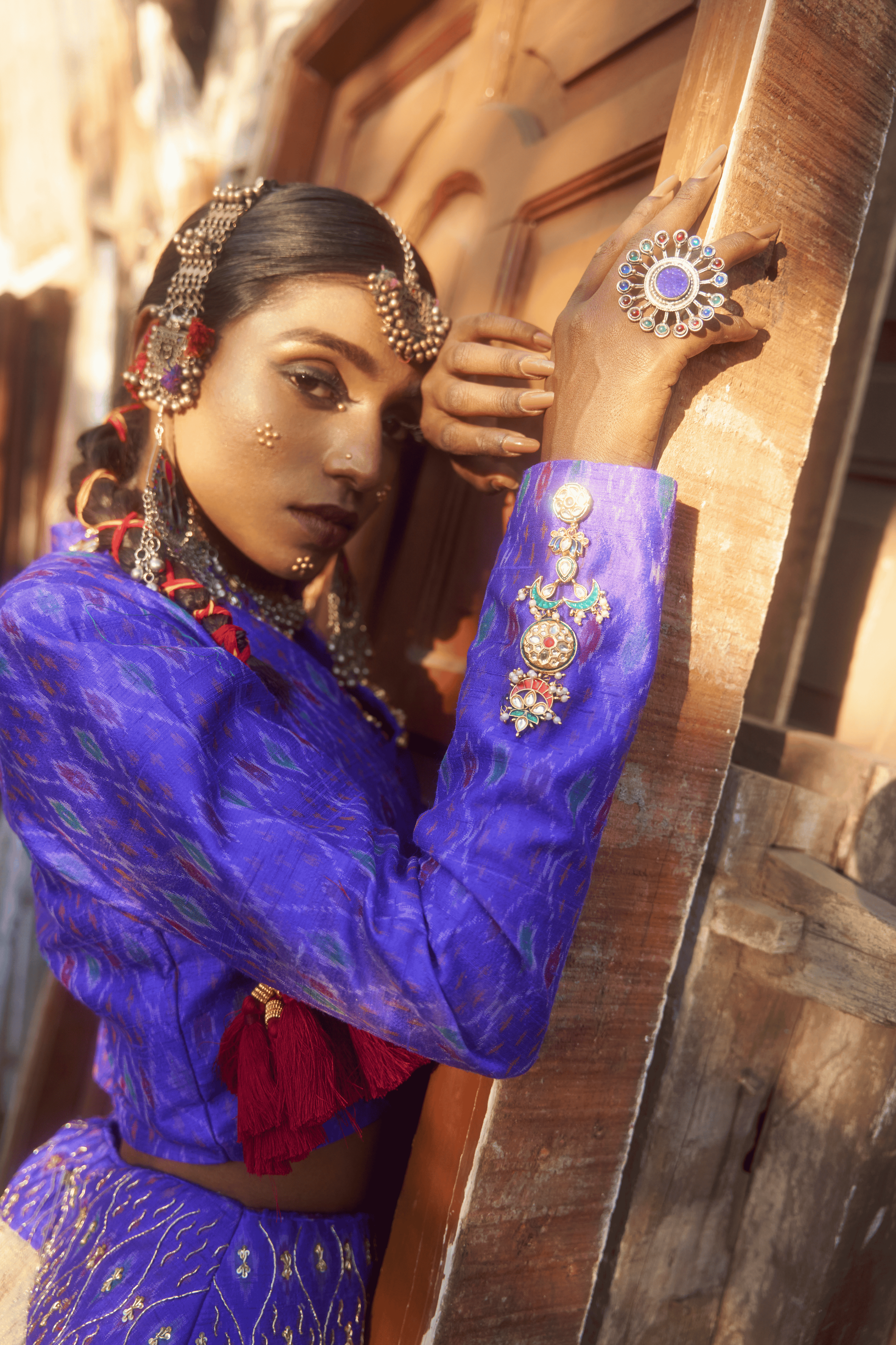 Mahrukh - Light Gold Lehenga Set with Blue Hand Embroidered Ikat Jacket
