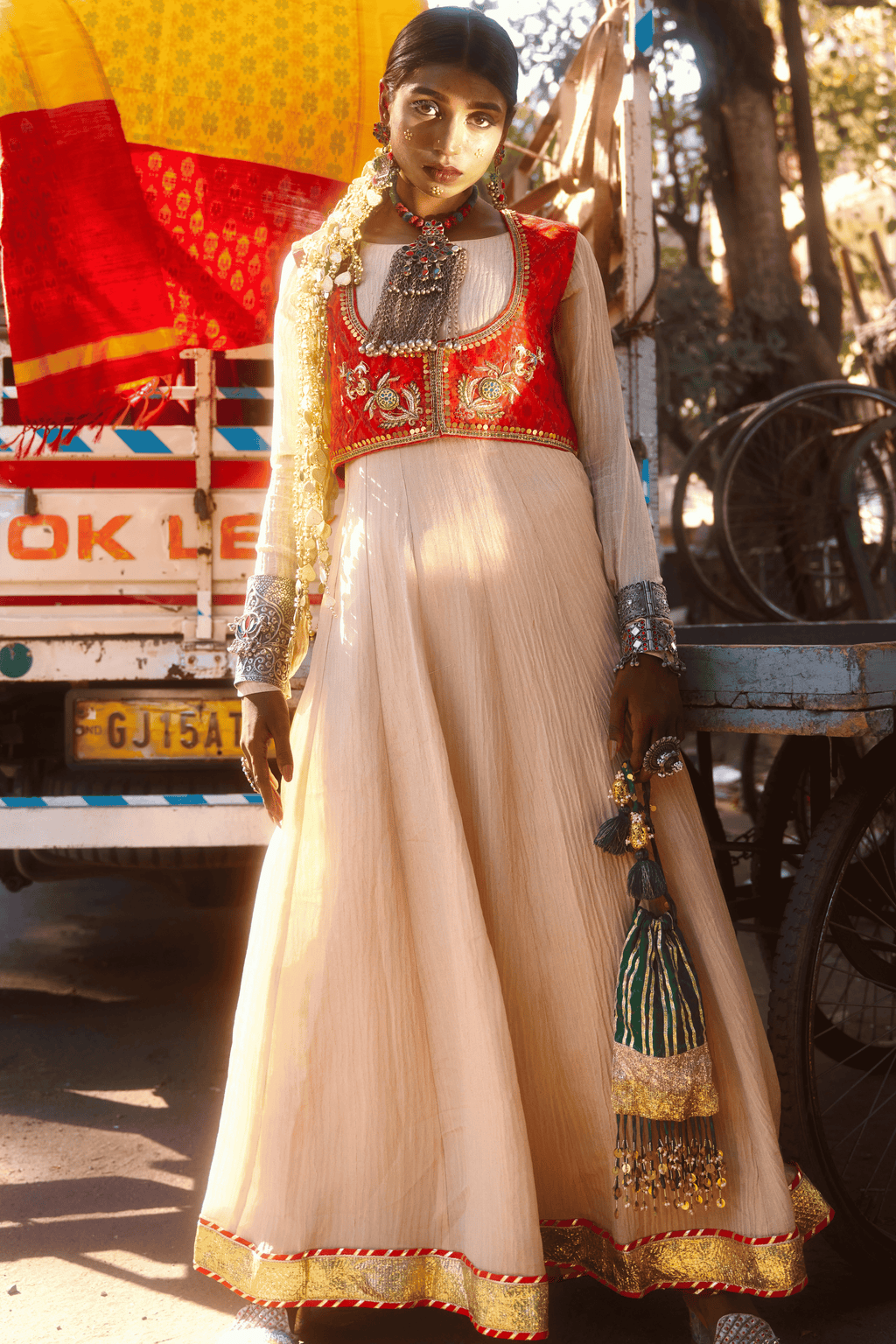 Shahzadi - Rose Gold Anarkali Set with Red Hand Embroidered Ikat Jacket