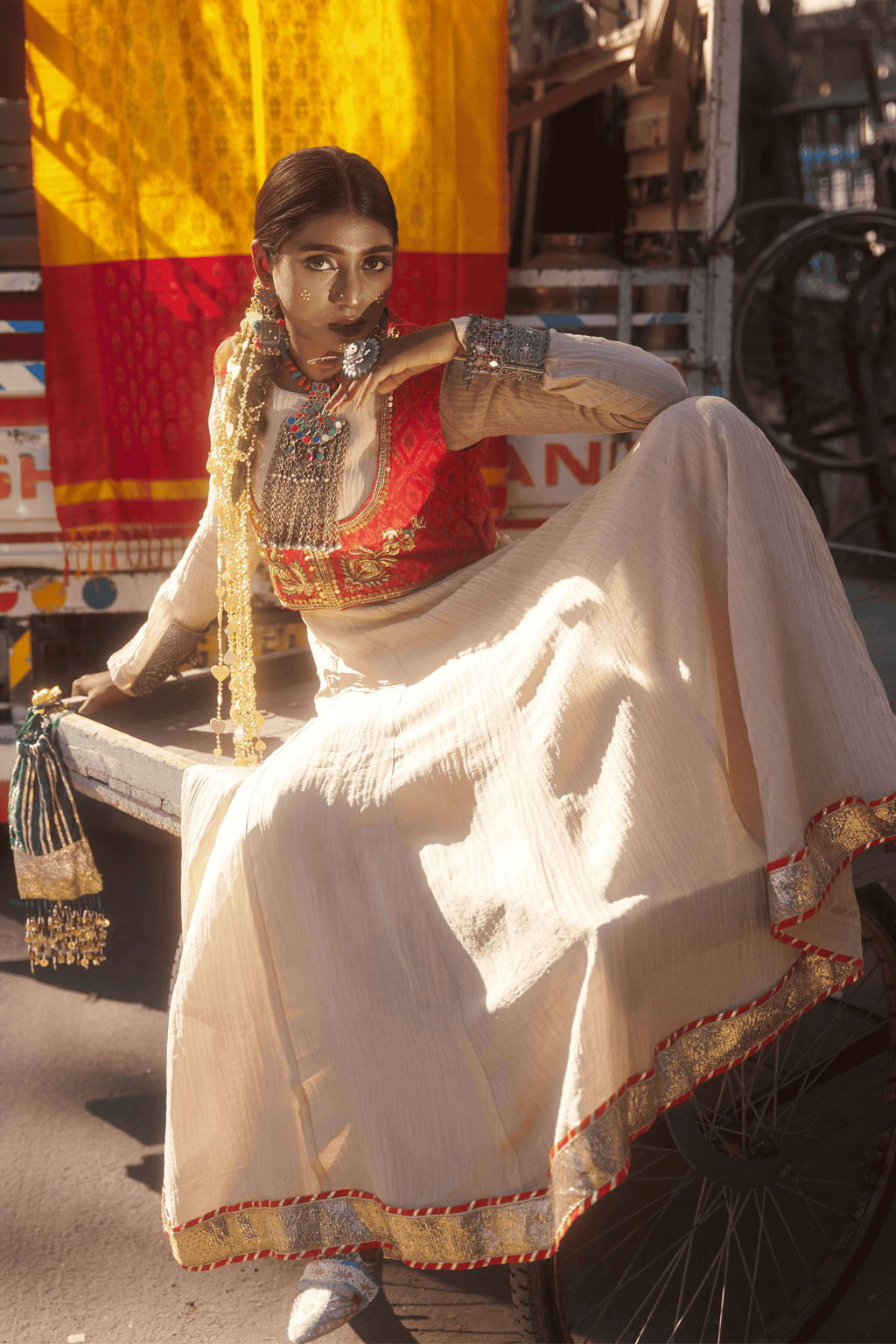 Shahzadi - Rose Gold Anarkali Set with Red Hand Embroidered Ikat Jacket