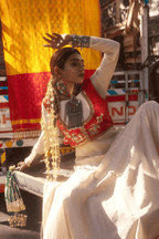 Shahzadi - Rose Gold Anarkali Set with Red Hand Embroidered Ikat Jacket