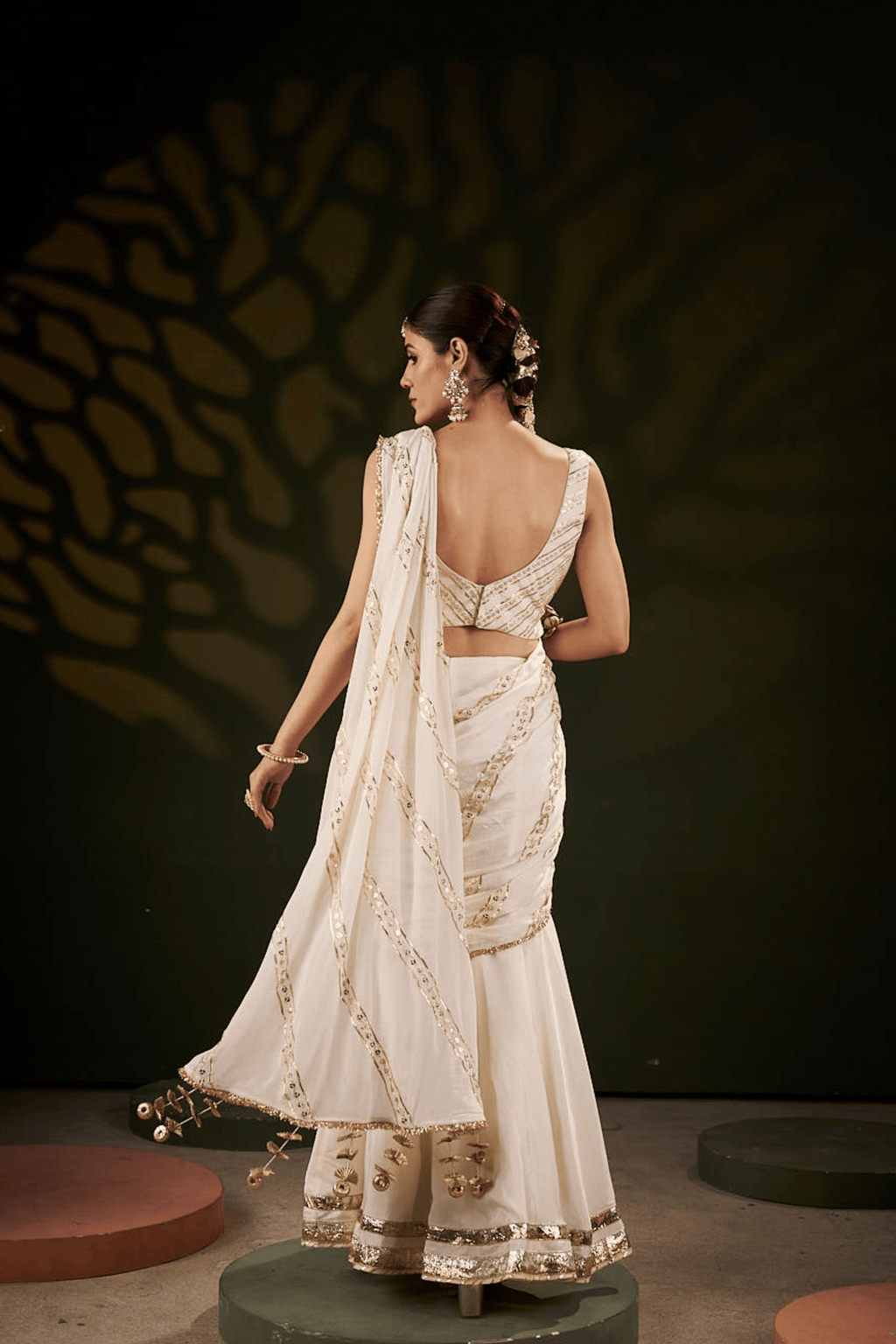Madiha - Ivory Pre Stitched Fishcut Saree with Gota Patti Detailing