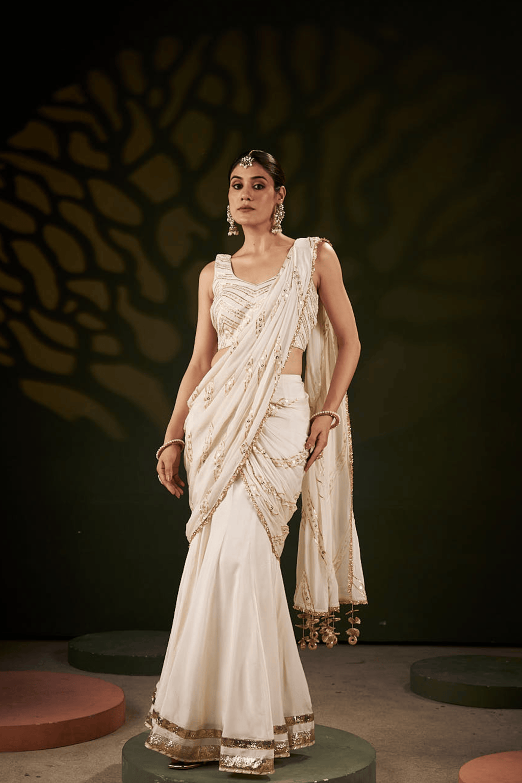 Madiha - Ivory Pre Stitched Fishcut Saree with Gota Patti Detailing