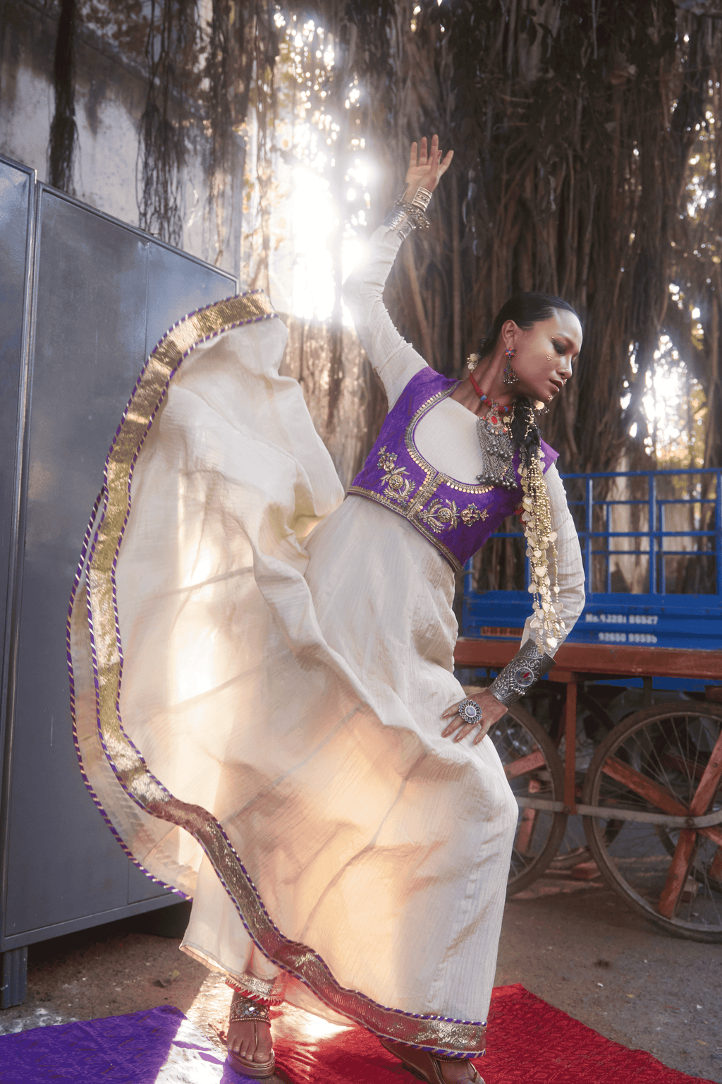 Shahzadi - Light Gold Anarkali Set with Purple Hand Embroidered Ikat Jacket