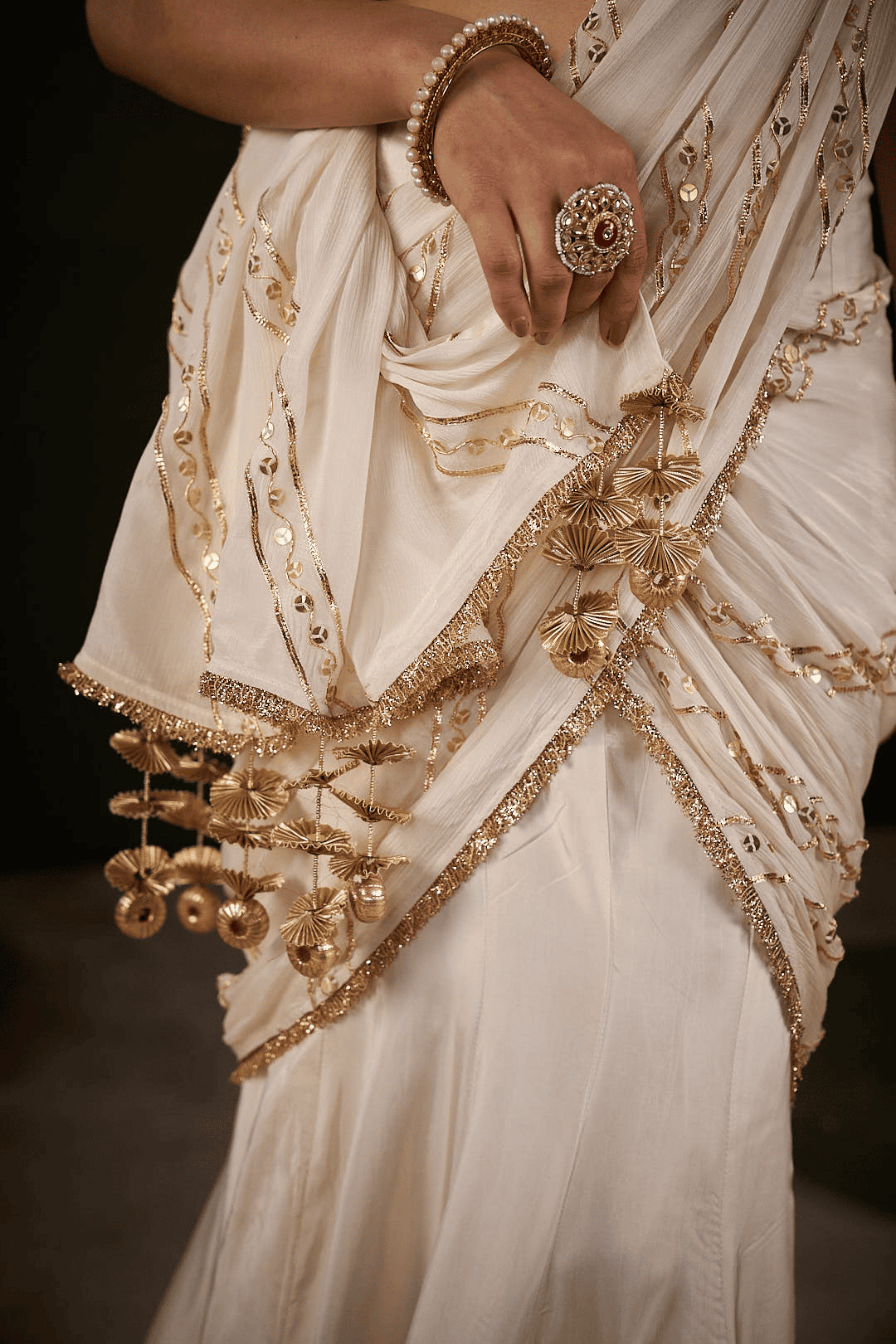 Madiha - Ivory Pre Stitched Fishcut Saree with Gota Patti Detailing