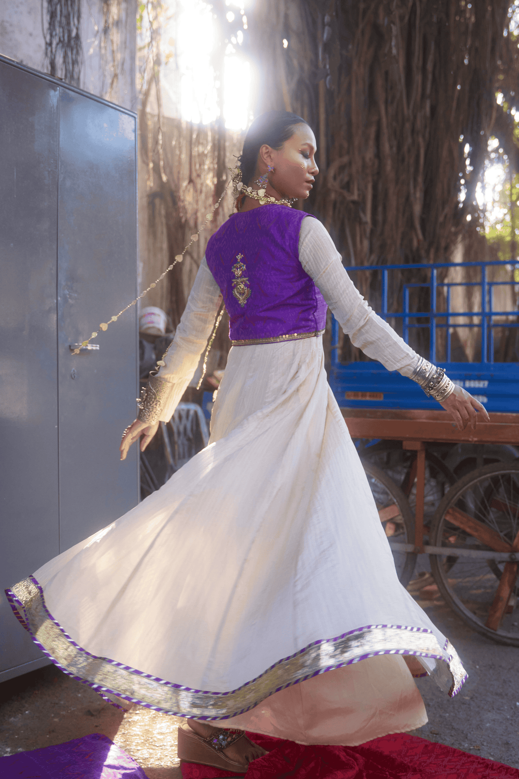 Shahzadi - Light Gold Anarkali Set with Purple Hand Embroidered Ikat Jacket