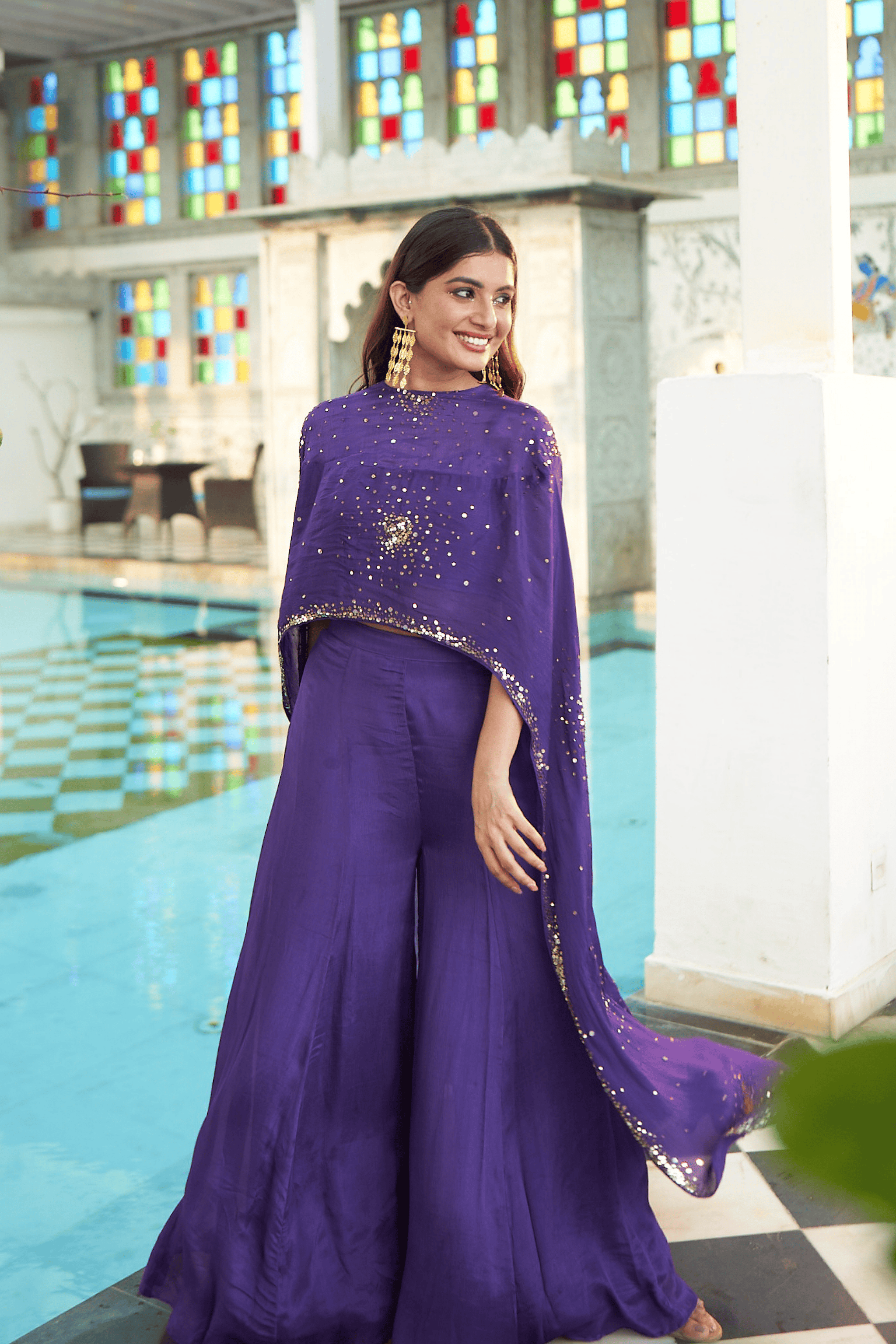 Cyril - Purple Hand Embroidered Palazzo Set with Cape