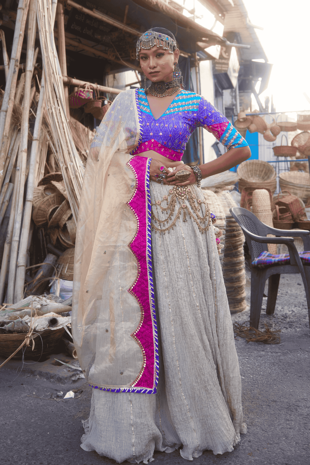 Shaheen - Lehenga Set with Multi-Colour Ikat Blouse and Handwork Detailing