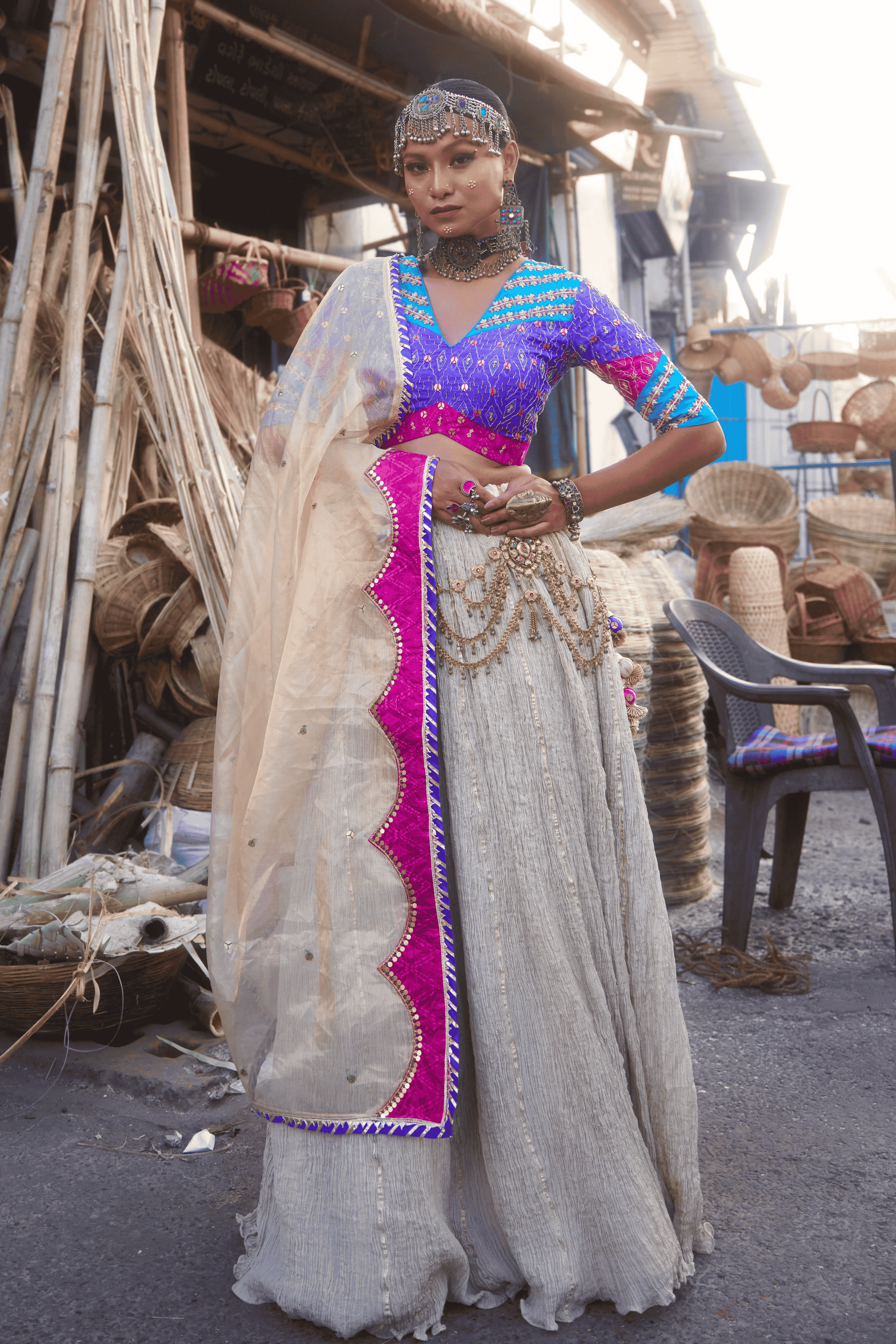 Shaheen - Lehenga Set with Multi-Colour Ikat Blouse and Handwork Detailing