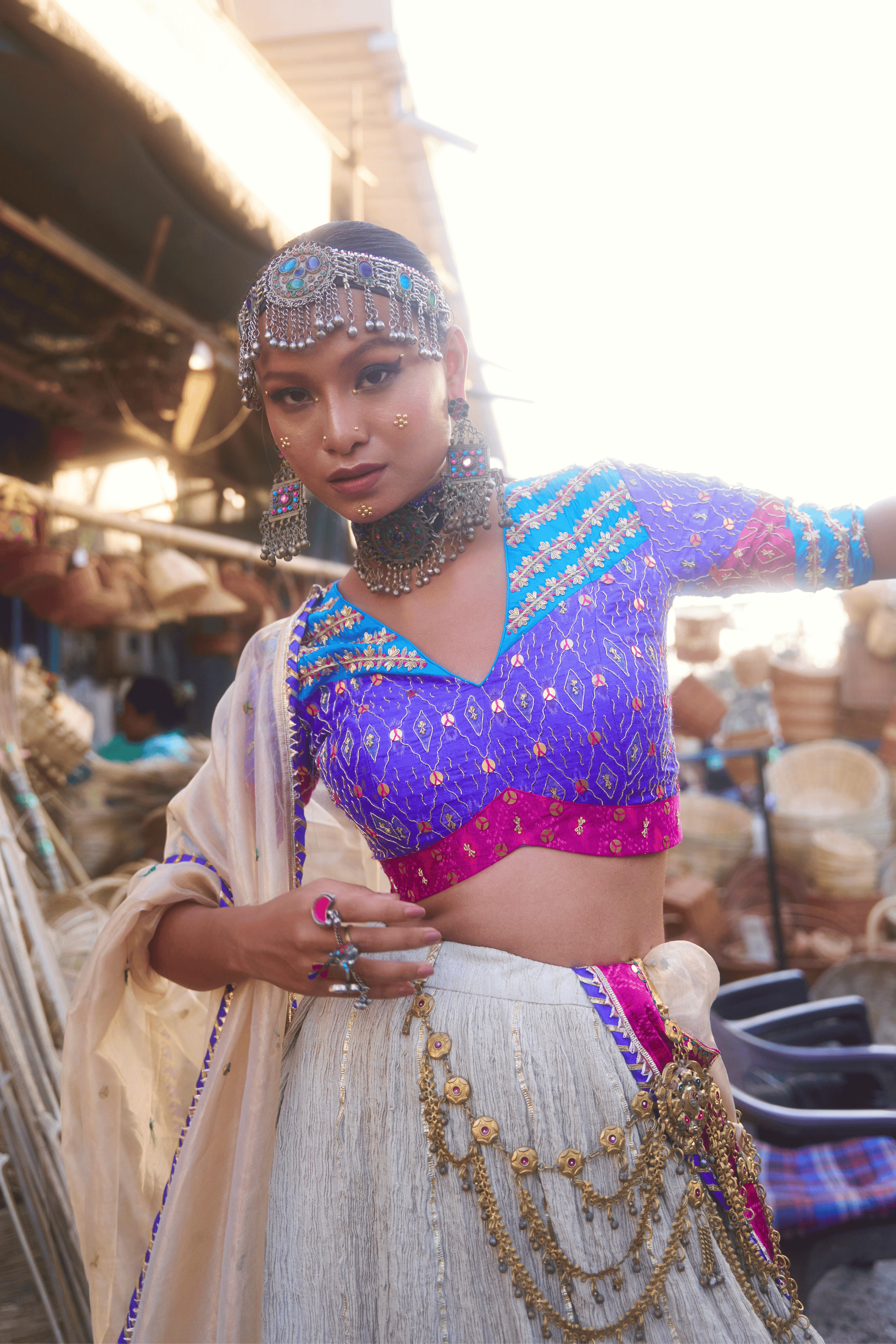 Shaheen - Lehenga Set with Multi-Colour Ikat Blouse and Handwork Detailing