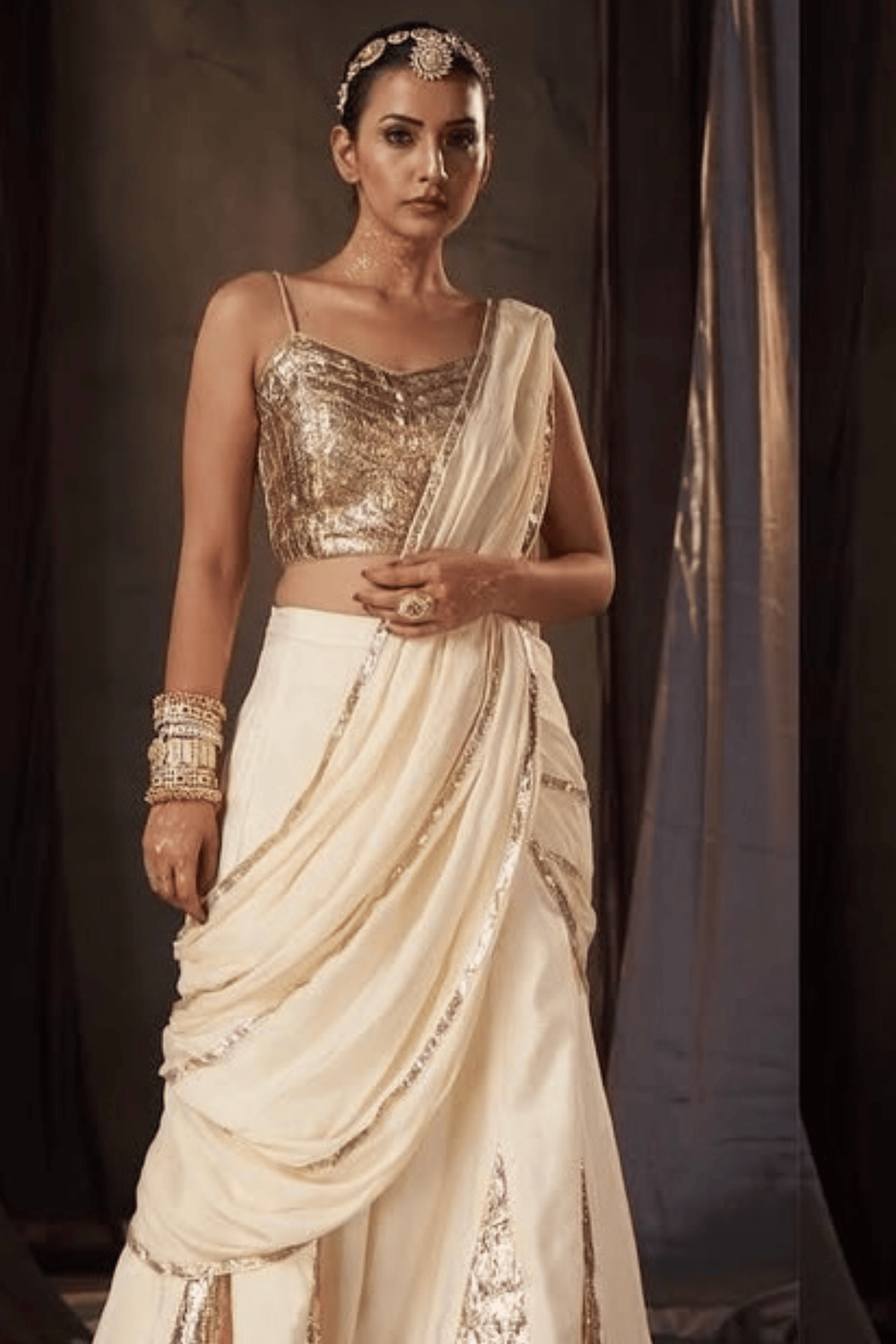 Akira - Ivory Palazzo Set with Fixed Drape and Gota Patti Detailing