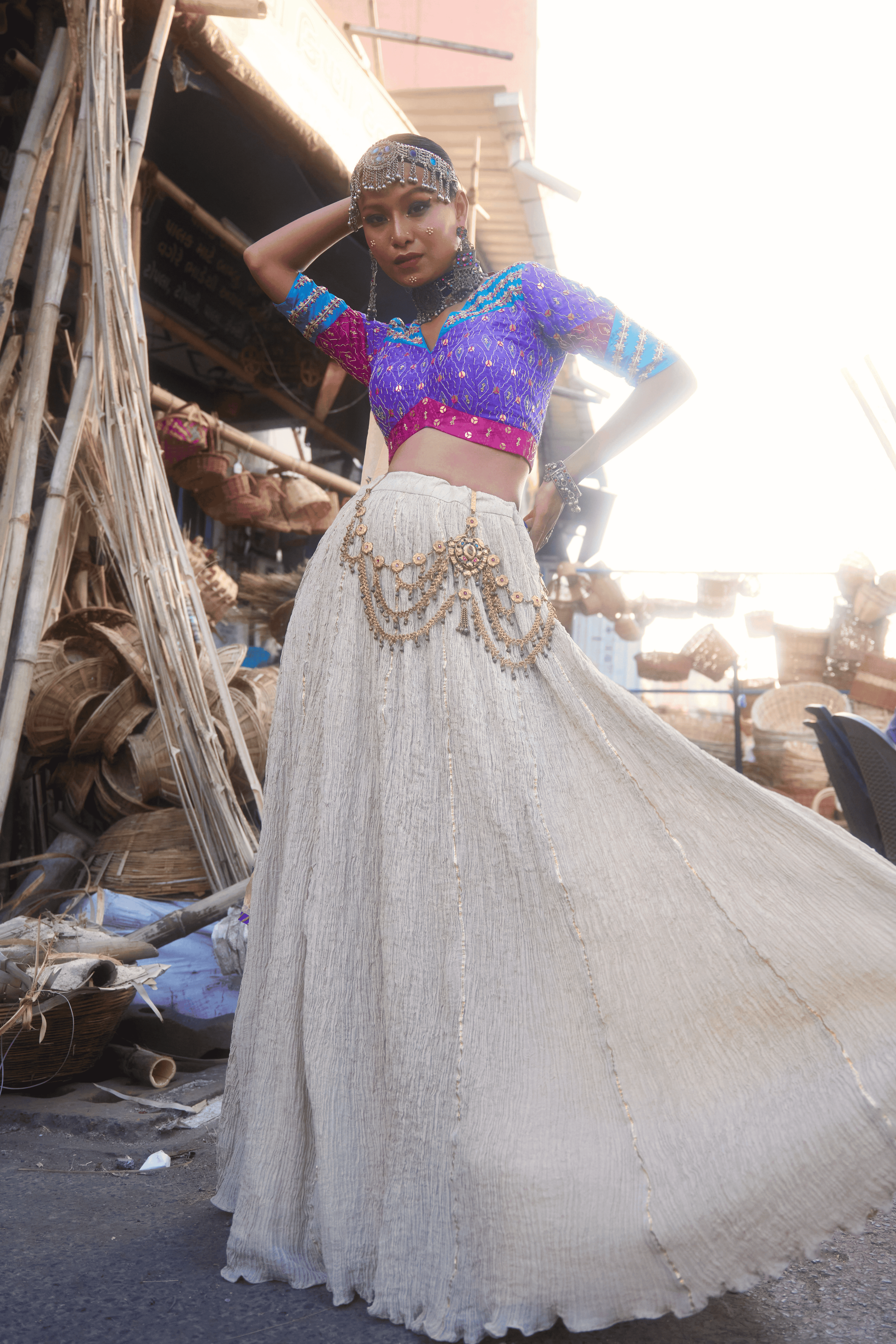 Shaheen - Lehenga Set with Multi-Colour Ikat Blouse and Handwork Detailing