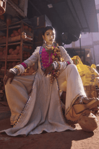 Noor - Light Gold Kurta Set with Pink Hand-Embroidered Ikat Patch