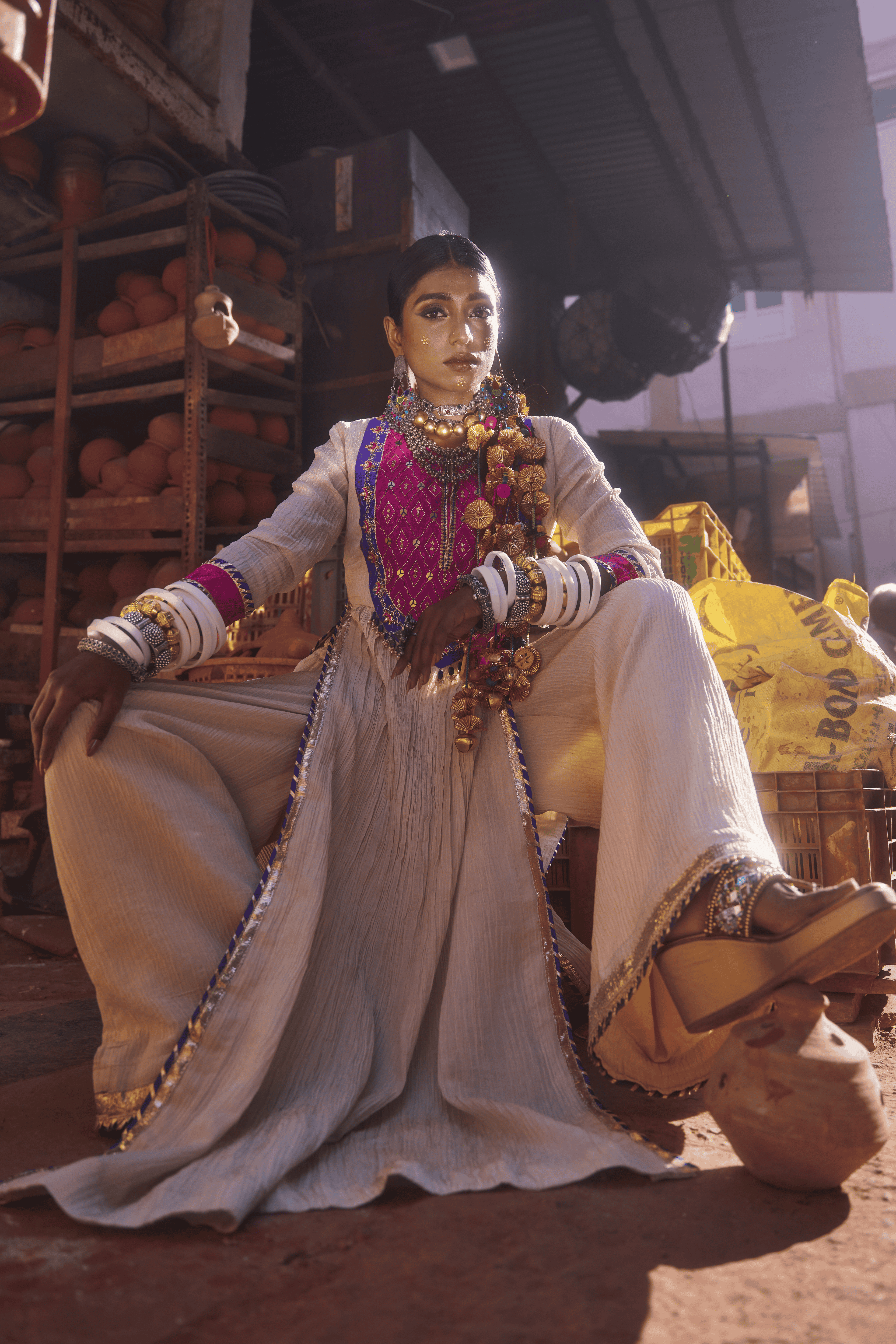 Noor - Light Gold Kurta Set with Pink Hand-Embroidered Ikat Patch
