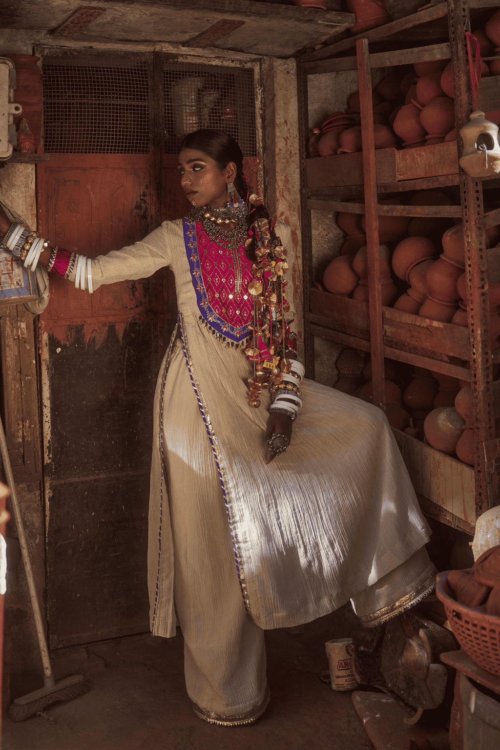 Noor - Light Gold Kurta Set with Pink Hand-Embroidered Ikat Patch