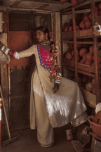 Noor - Light Gold Kurta Set with Pink Hand-Embroidered Ikat Patch