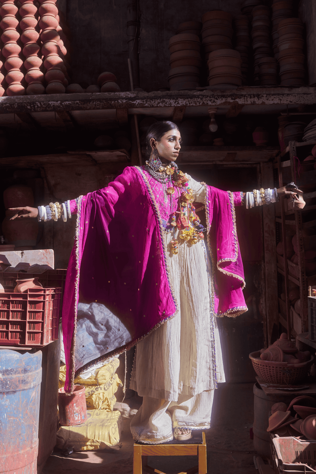 Noor - Light Gold Kurta Set with Pink Hand-Embroidered Ikat Patch