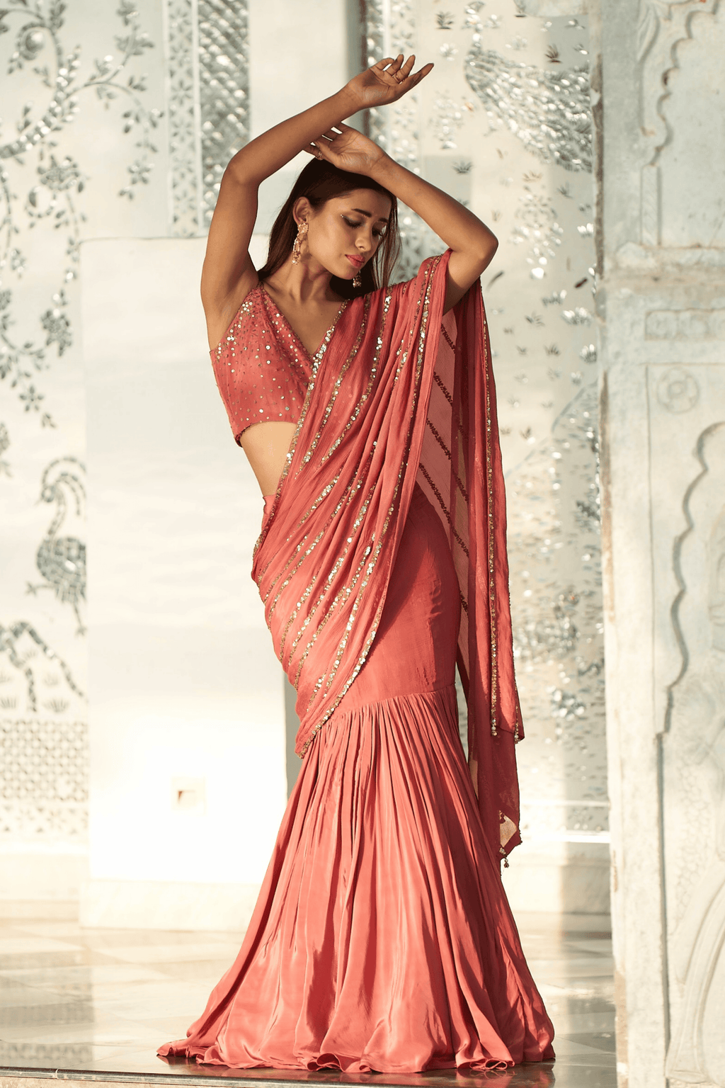 Issabell - Dusky Pink Hand Embroidered Pre Stitched Fishcut Saree
