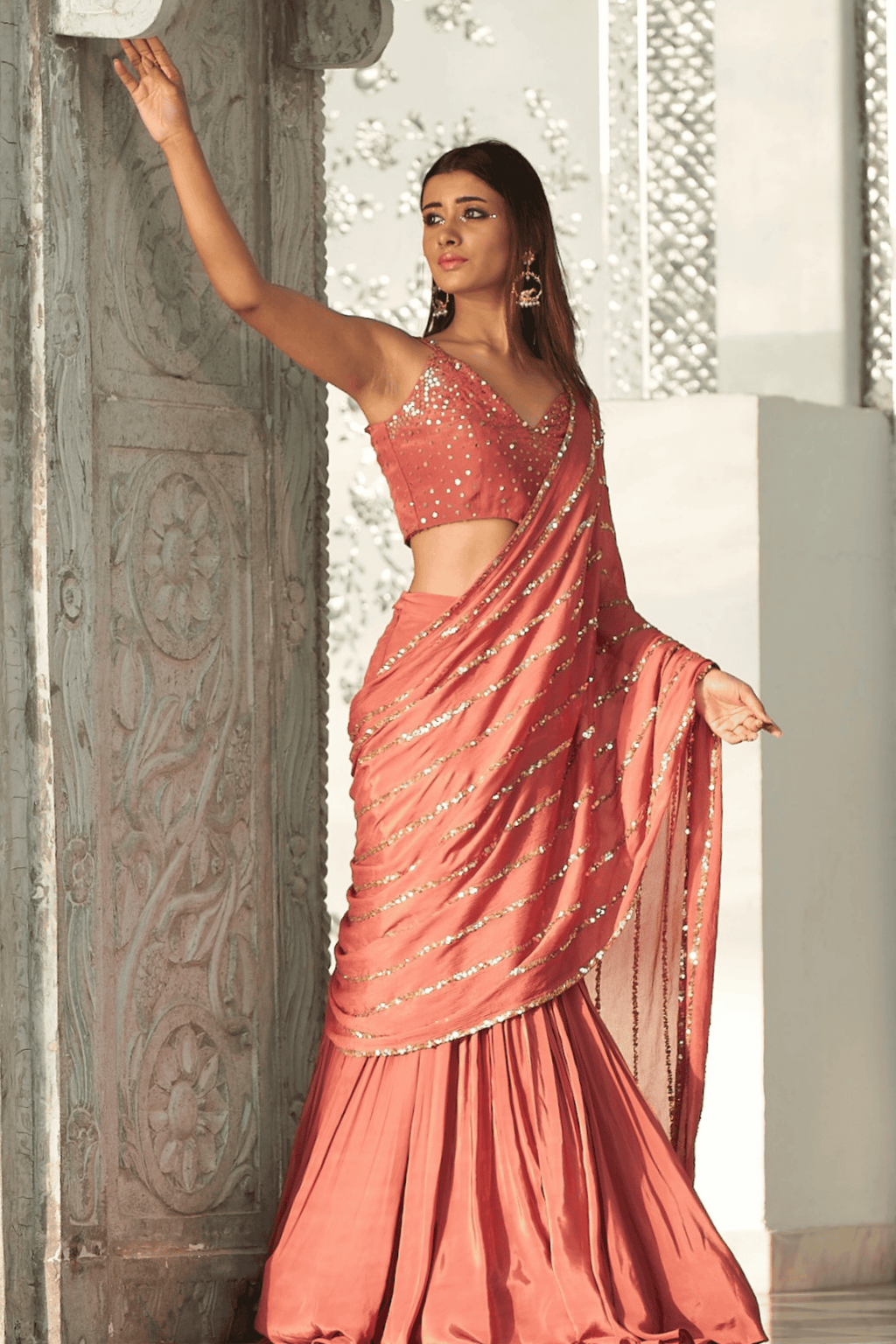 Issabell - Dusky Pink Hand Embroidered Pre Stitched Fishcut Saree