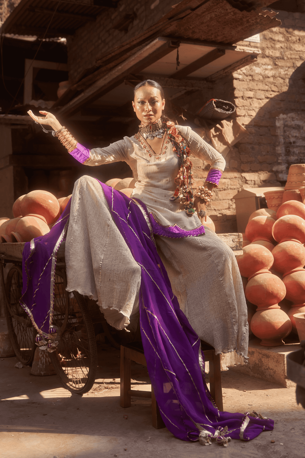 Zubaida- Light Gold Palazzo Set with Purple Hand Embroidered Ikat Scallops